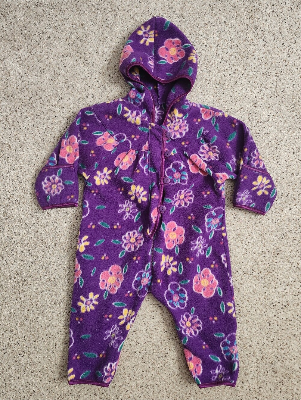 Vintage Purple Floral Fleece Hooded Winter Jumpsuit